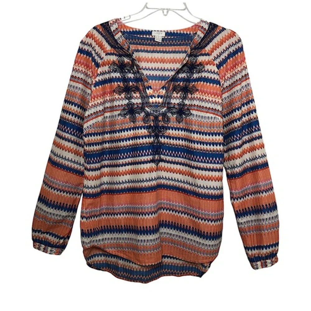 J. Crew Cotton Coral Blue Ivory Tribal Print Embroidered long Sleeve Tunic Top S